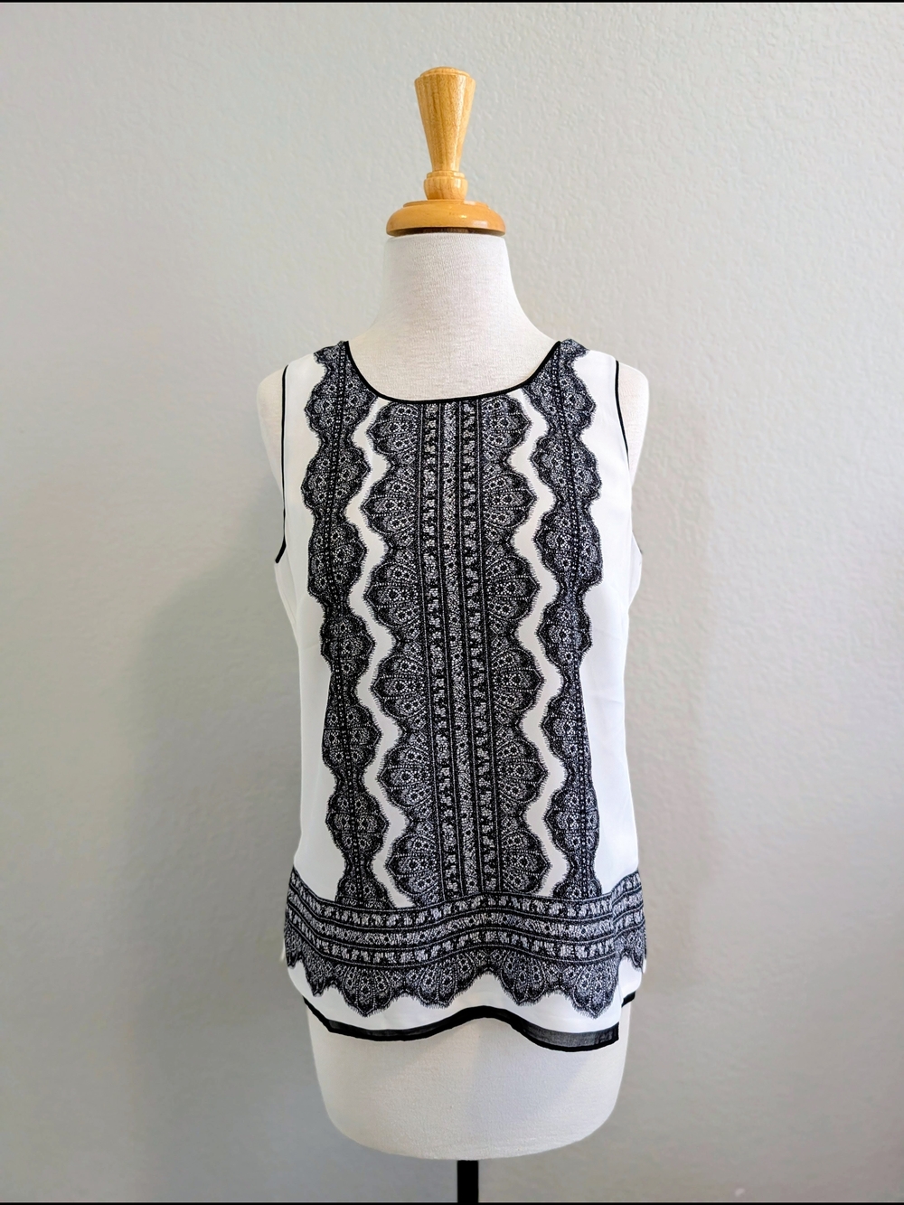 White House Black Market White Sleeveless Top with Black Lace Panel